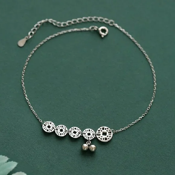 "925 Silver Plated Round Coin Dangle Tassel Anklet, - Picture 6 of 7